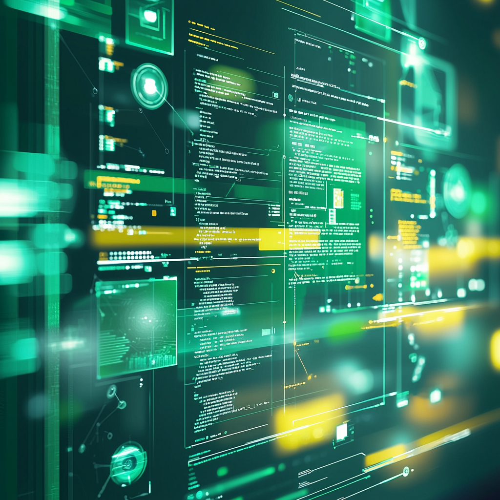 Futuristic user interface displaying AI-generated code and design elements in green and yellow hues