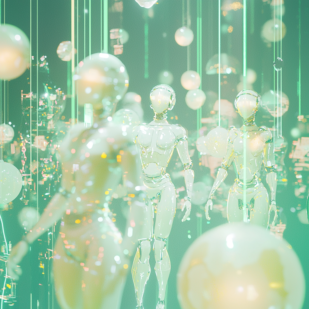 Glowing humanoid AI figures in a futuristic digital environment surrounded by floating orbs and green light trails