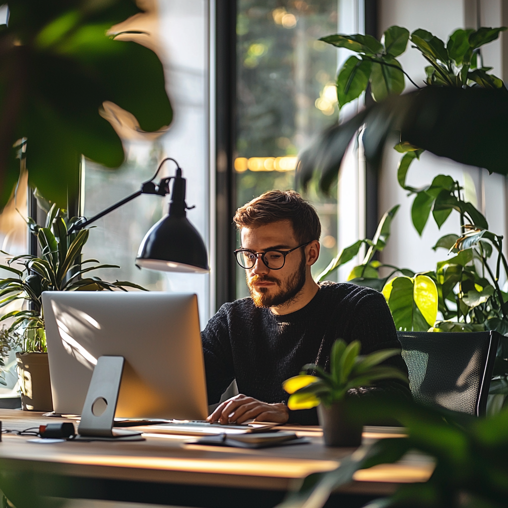 Man working on a desktop computer in a modern home office filled with natural light and indoor plants