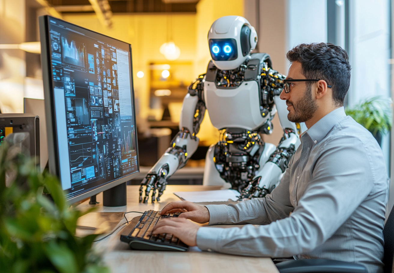 AI and Human Collaboration in a Modern Workspace A professional man in glasses and a light gray shirt is working at his desk, analyzing data on a high-tech computer screen. Behind him, a humanoid robot with a sleek white and metallic design and glowing blue eyes observes, appearing to assist. The workspace features modern office decor, with warm lighting and greenery in the background.