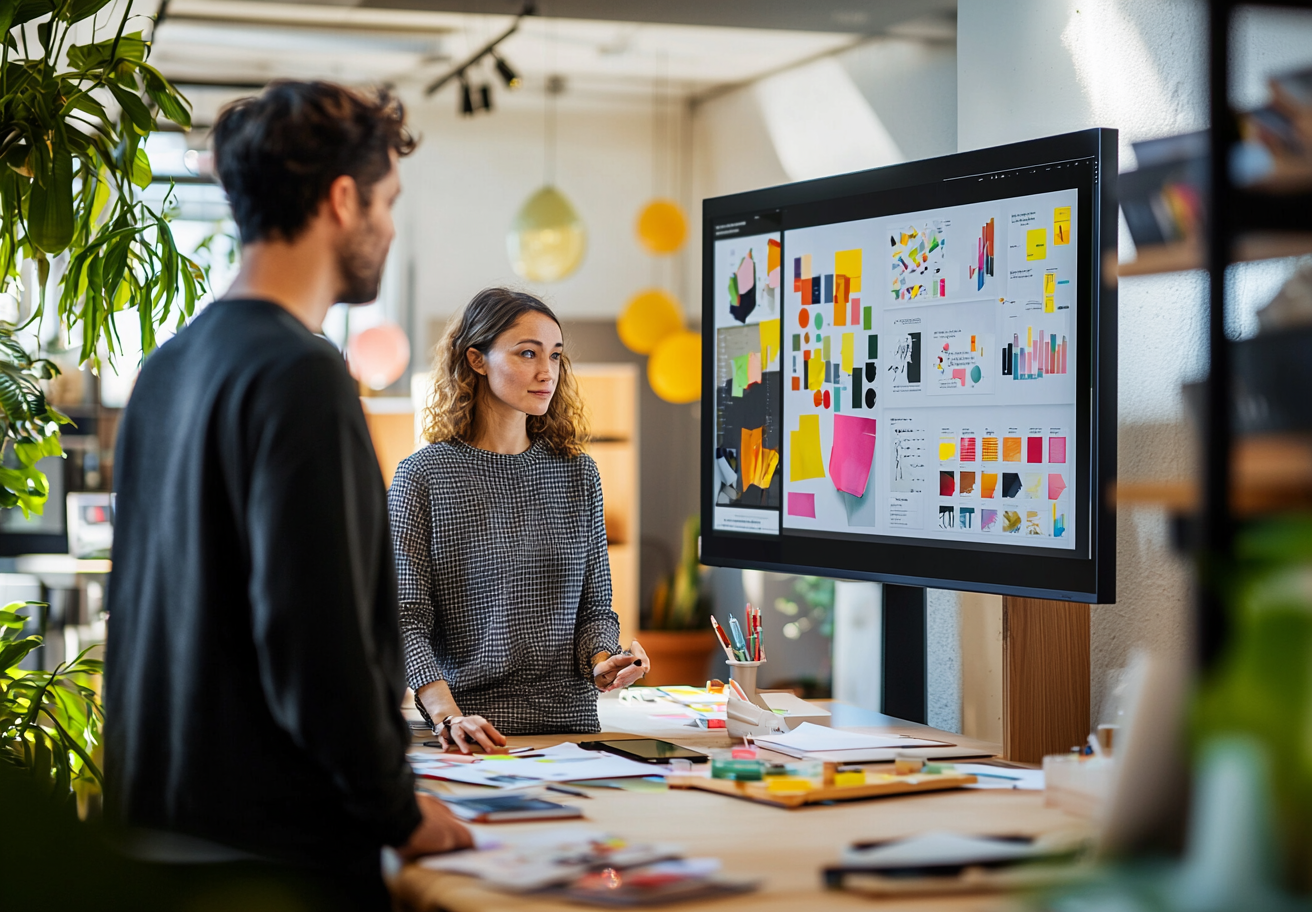 Creative Team Collaborating on a Visual Concept in a Modern Studio A creative team collaborates in a modern design studio, reviewing a digital mood board displayed on a large screen. A woman in a gray sweater gestures towards the screen, presenting colorful design elements, charts, and sticky note concepts, while a colleague listens attentively. The workspace is filled with natural light, lush greenery, and modern decor.