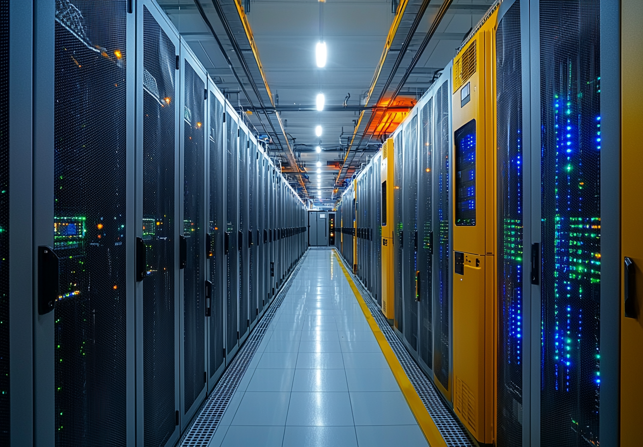 State-of-the-Art Data Center with High-Tech Server Racks A high-tech data center with rows of illuminated server racks extending into the distance. The corridor is brightly lit, with yellow and blue LED lights reflecting off the sleek metal cabinets, symbolizing advanced cloud computing and digital infrastructure.