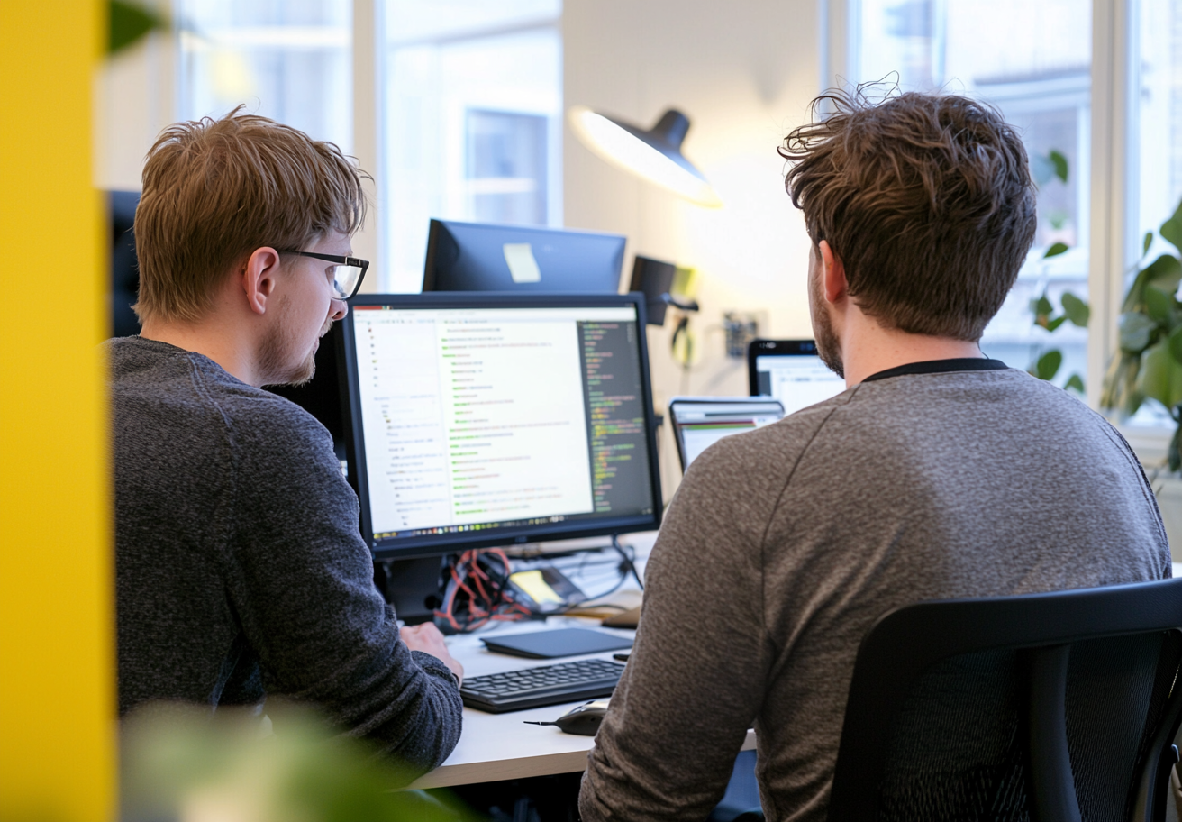 Software Developers Collaborating in a Modern Office Two software developers collaborate at a workstation, reviewing and coding on dual computer monitors. The modern office features natural lighting, sleek desks, and a productive atmosphere with green plants and contemporary décor.